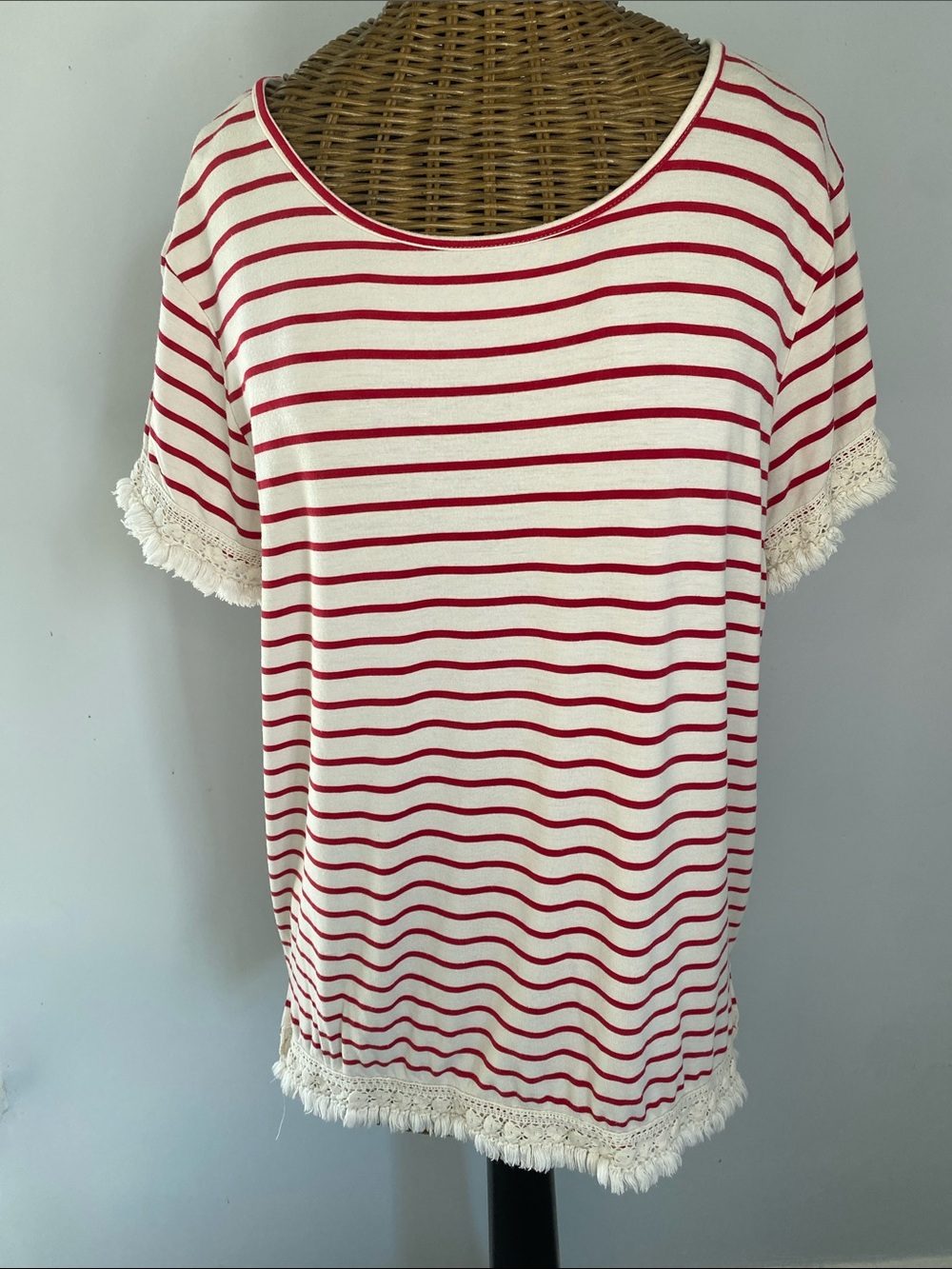 Umgee Red and White Striped Short Sleeve Top with Fringe